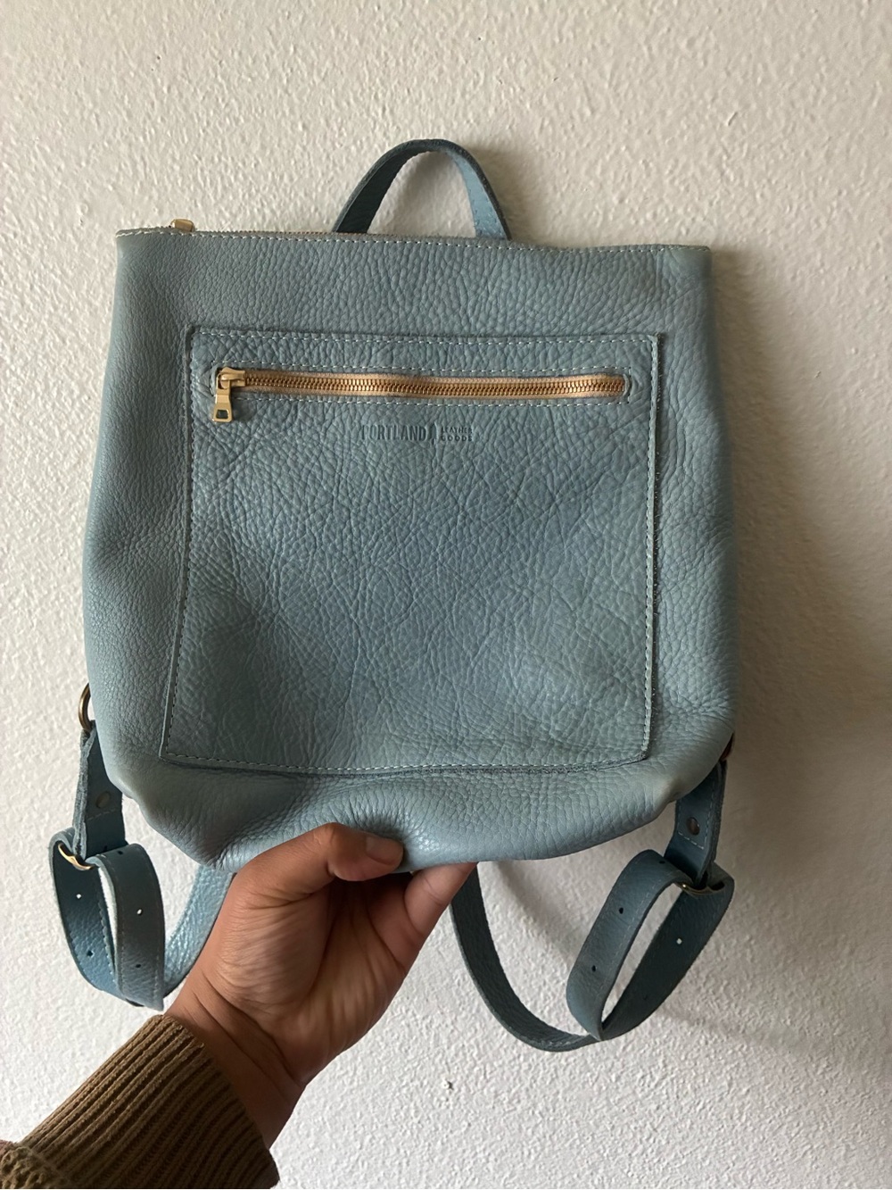 Portland Leather Pale Blue Leather Backpack with Gold Hardware